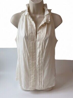 Elena Solano Sleeveless Silk Blouse with Ruffle Collar, Size L